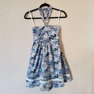 Si Style Halter Fit & Flare Dress, blue & purple floral print